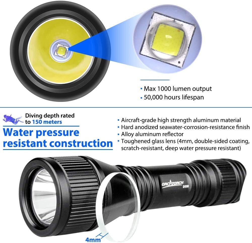 ORCATORCH D550 Scuba Dive Light 1000 Lumens Super Bright Underwater LED Diving F