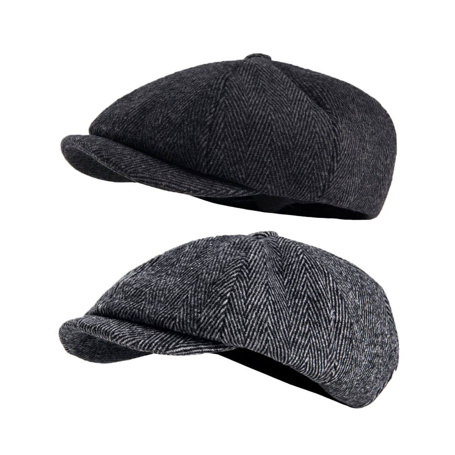 2 Pack Newsboy Cap Peaky Herringbone Baker Boy Flat Caps for Men Women (Black…