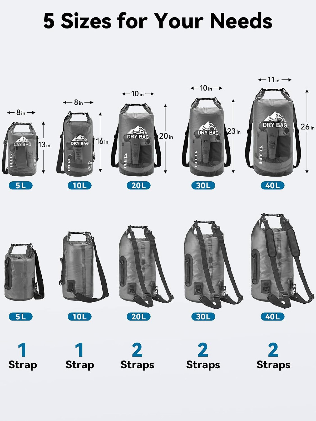Waterproof Dry Bag, PVC Lightweight Roll Top with Phone Case, 5L to 40L