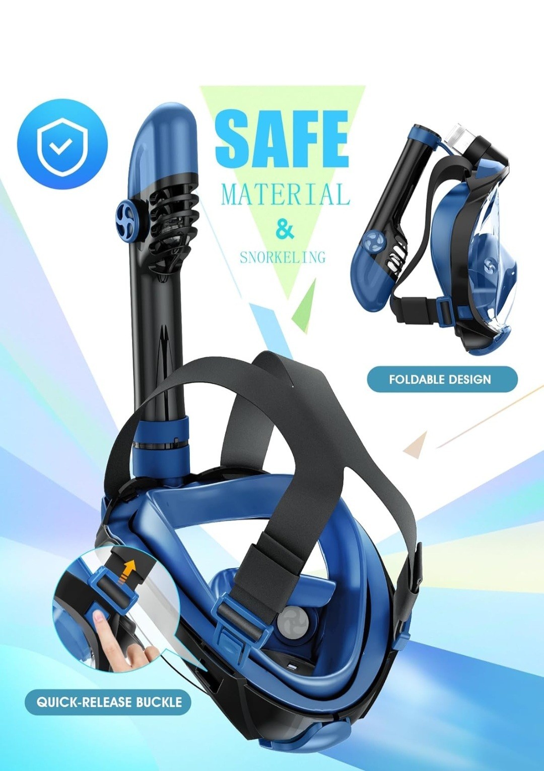 Greatever G2 Full Face Snorkel Mask Latest Dry Top System Foldable L / XL Blue