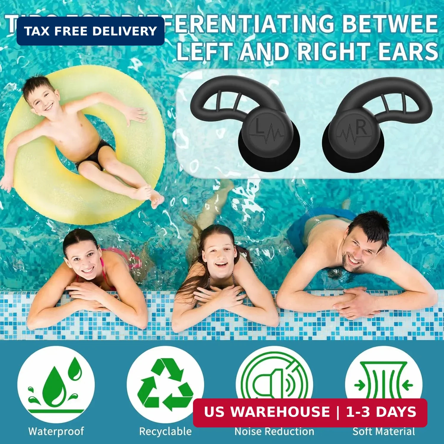 Swimming Ear Plugs for Adults, 4 Pairs Reusable Silicone Waterproof Colorful Swi