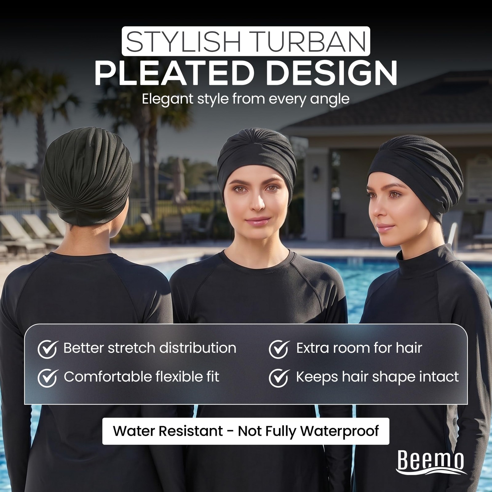 Beemo Swim Caps For Women Swimming Turban Polyester Latex Lined Pleated For