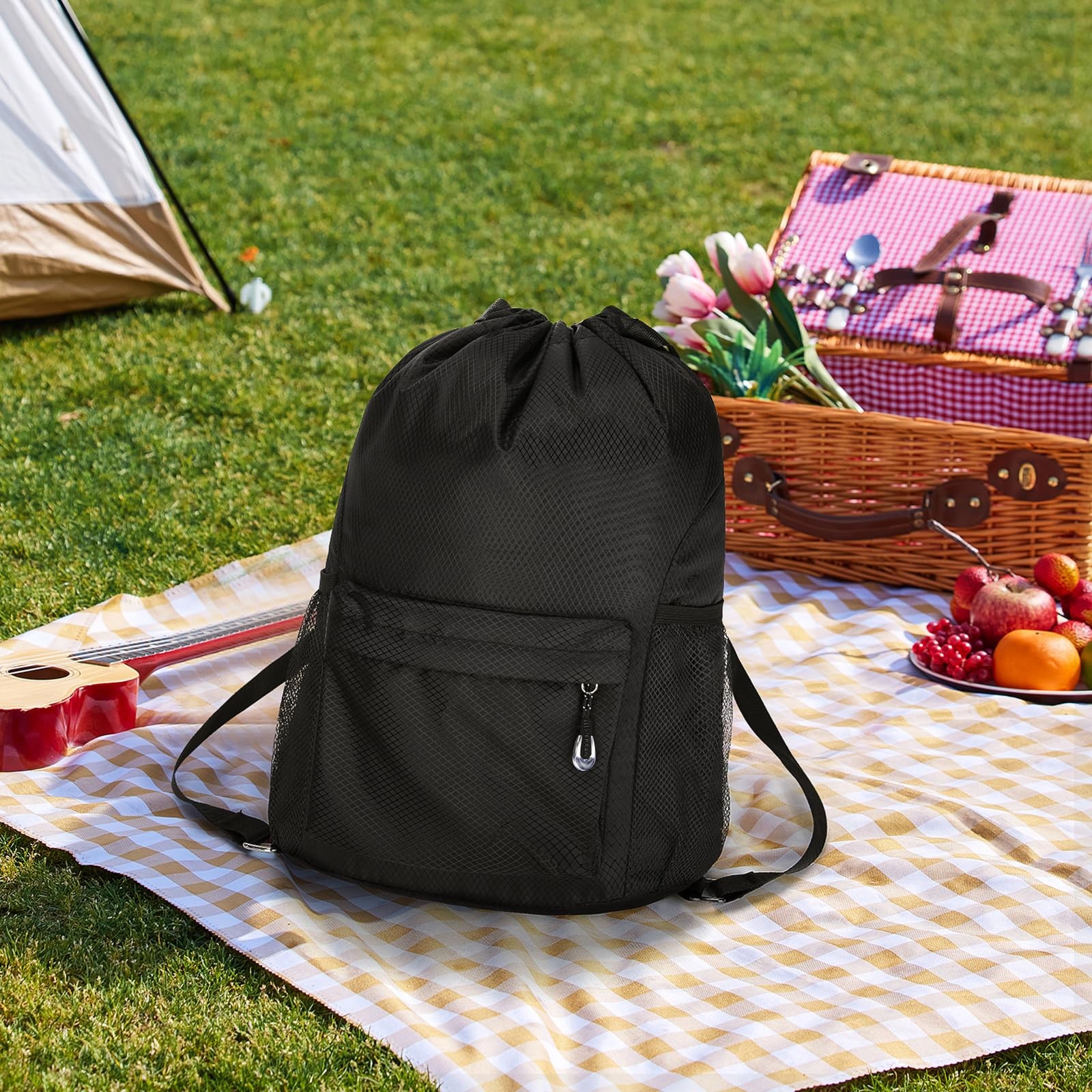 Waterproof Drawstring Bag, Lightweight String Backpack with Large, Black