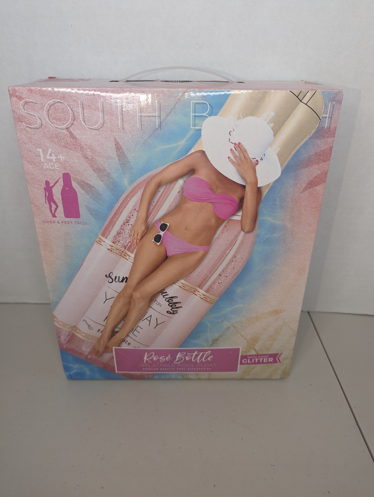 South Beach Inflatable Pool Float 6’ Rose’ Bottle Giant Glitter Summer Fun