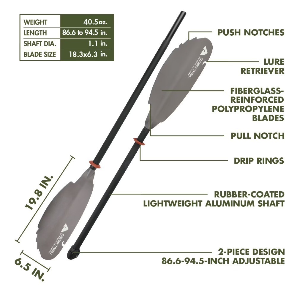 Adult Adjustable Angler Paddle, Gray, 220–240 cm, Aluminum Shaft