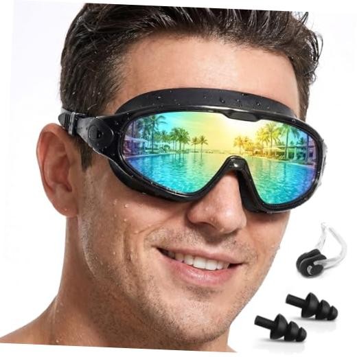 Swim Goggles 2 Pack, Wide View Anti Large for Adults Black Gold Plated (1 Pack)
