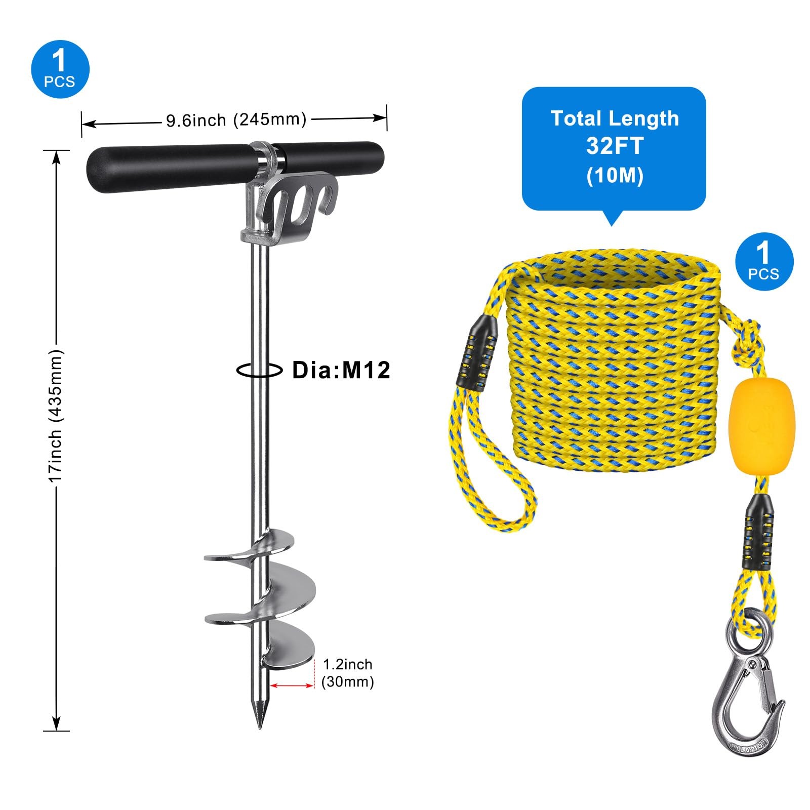 17″ Boat Sand Anchor with 32ft Thick Ropes with Hook 100% Stainless Steel Scr…