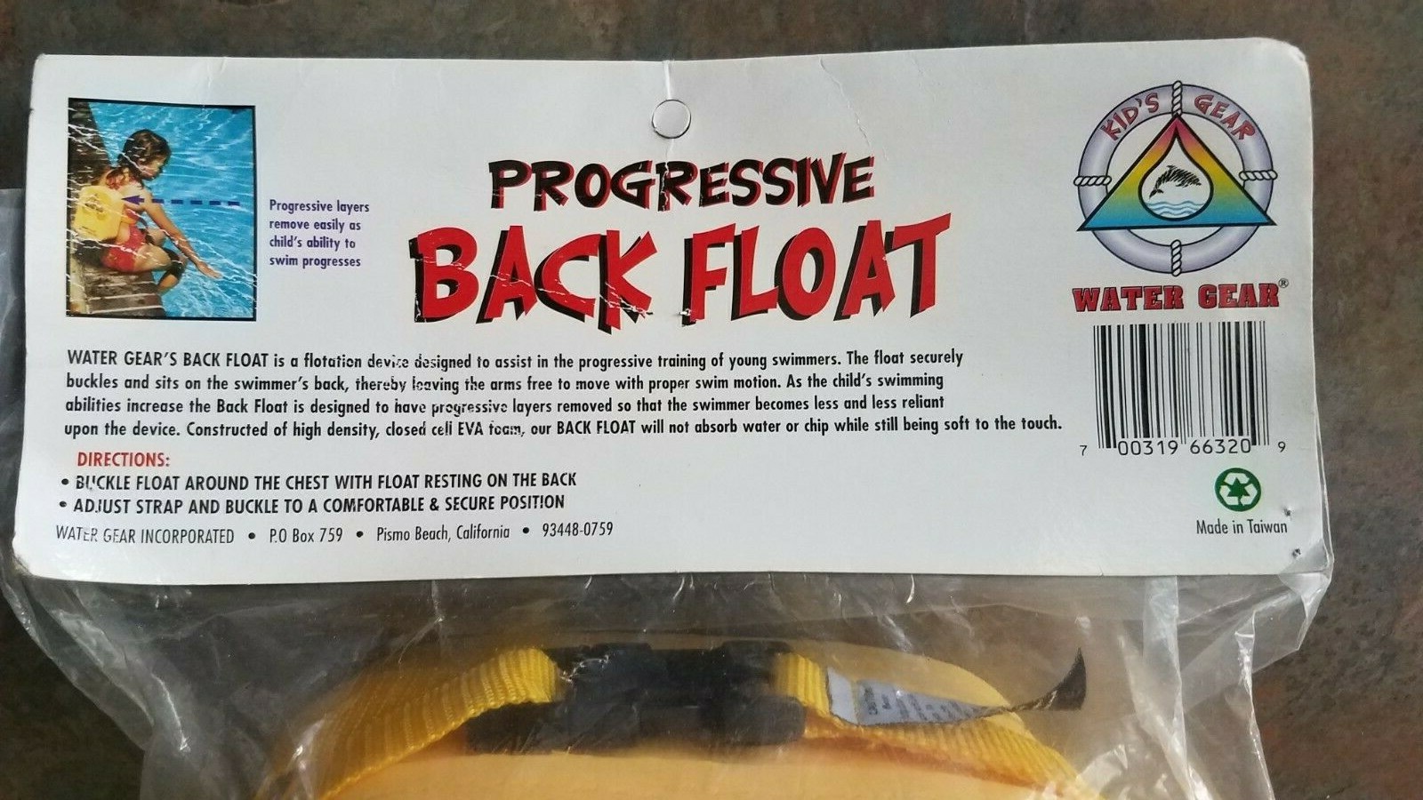 Water Gear PROGRESSIVE BACK FLOAT – yellow- NEW in PKG supports up to 50 lbs