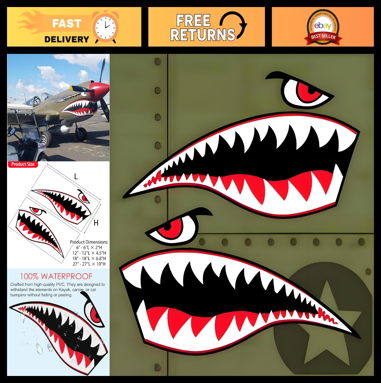 Waterproof Shark Teeth Decals for Kayaks & Fishing Boats – PVC Stickers, 27″
