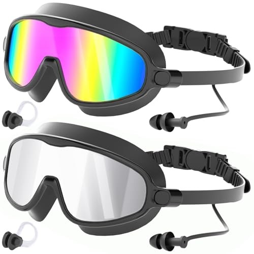 Swim Goggles 2 Pack, Wide View No 3-black/Silver Mirrored & Rainbow Lens
