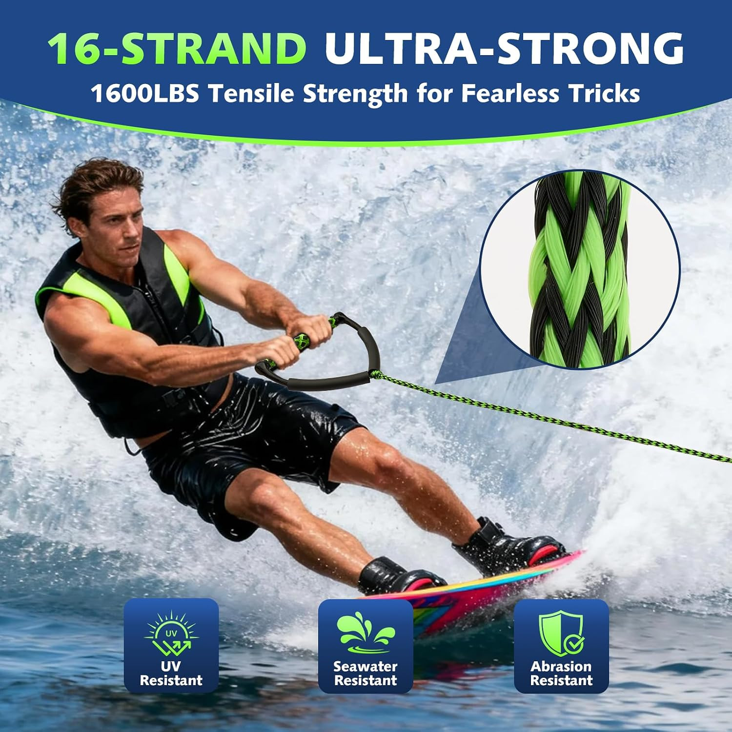 75FT Ski Ropes for Water Skiing, Floating Wakeboard Rope and Handle, Ski Tow Rop