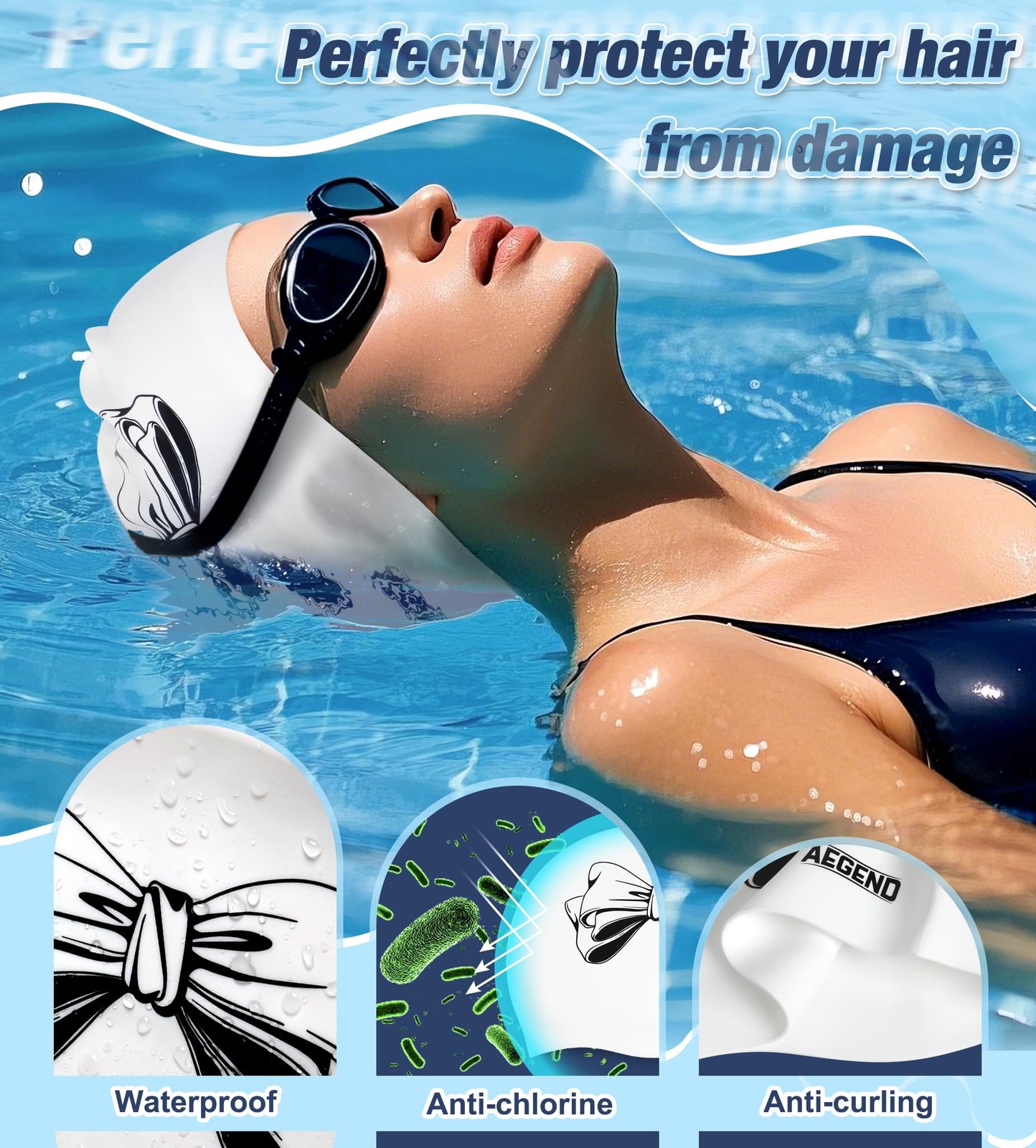 Aegend Swim Caps for Long Hair, Durable Silicone White Black Bow – 1 Pack