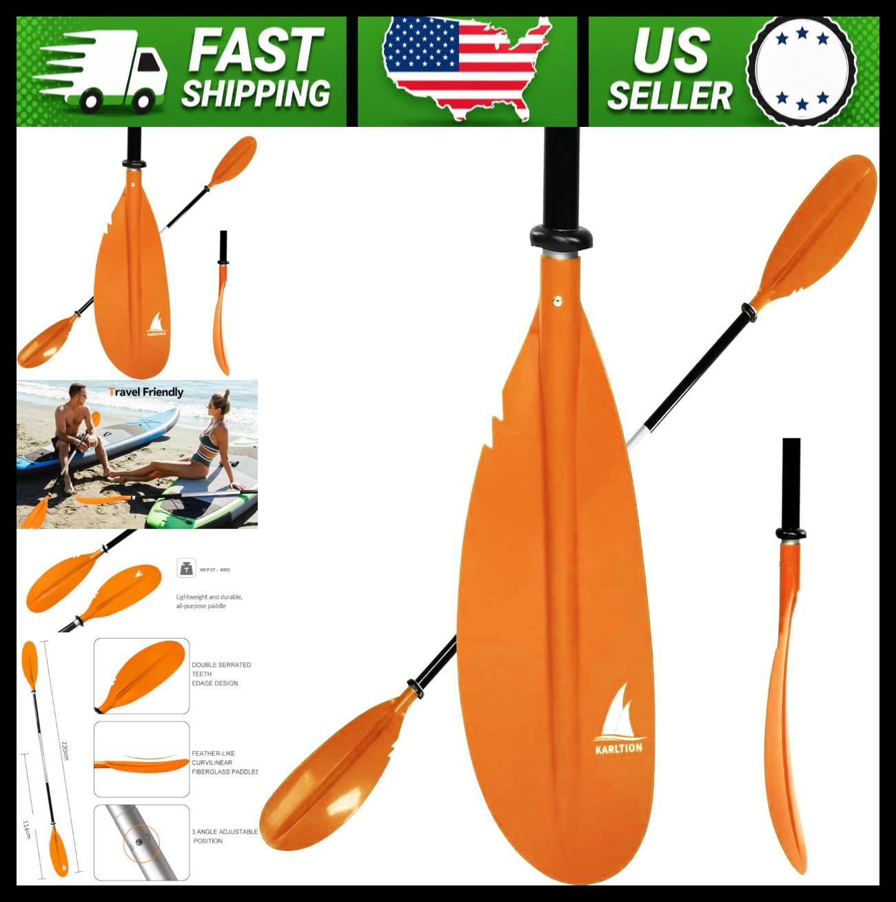 Karltion Adjustable Kayak Paddle Aluminum Alloy Shaft Glass Fiber Blade