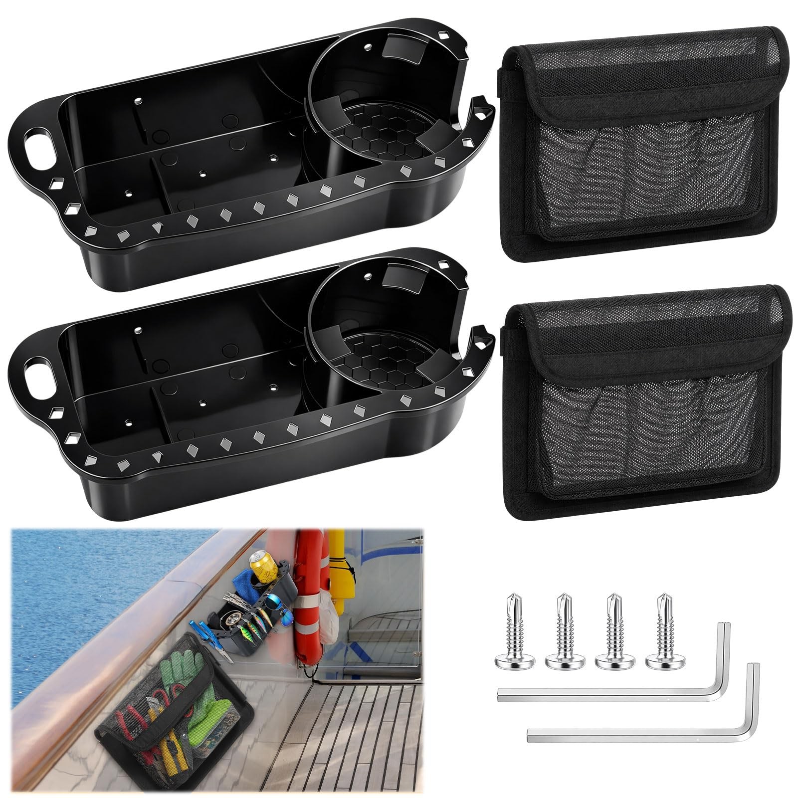 4 PCS Boat Cup Holders Caddy Organizer Mesh Storage Bag Kayak Pontoon Jon
