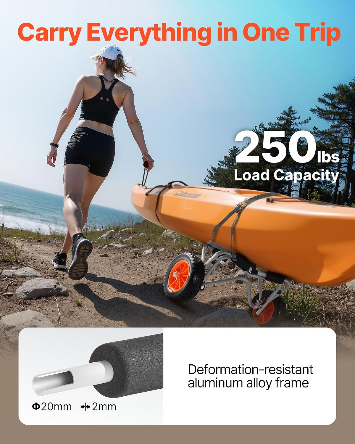 250 Lbs Kayak Cart, Foldable Kayak Trolley with 10-Inch Solid Rubber Tires & 1 R