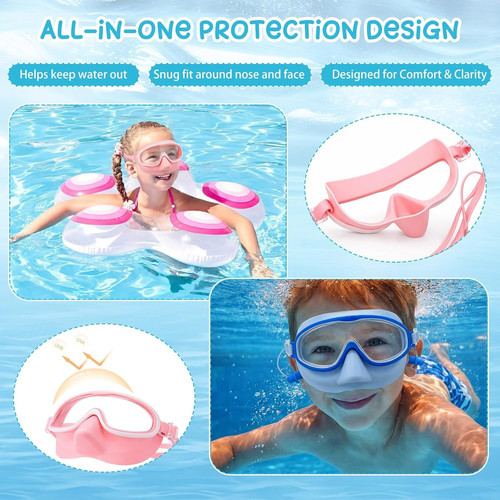 Tellegloww 3 Pack Kid Swim Goggles with Nose Cover Wide Yellow, Pink, Blue