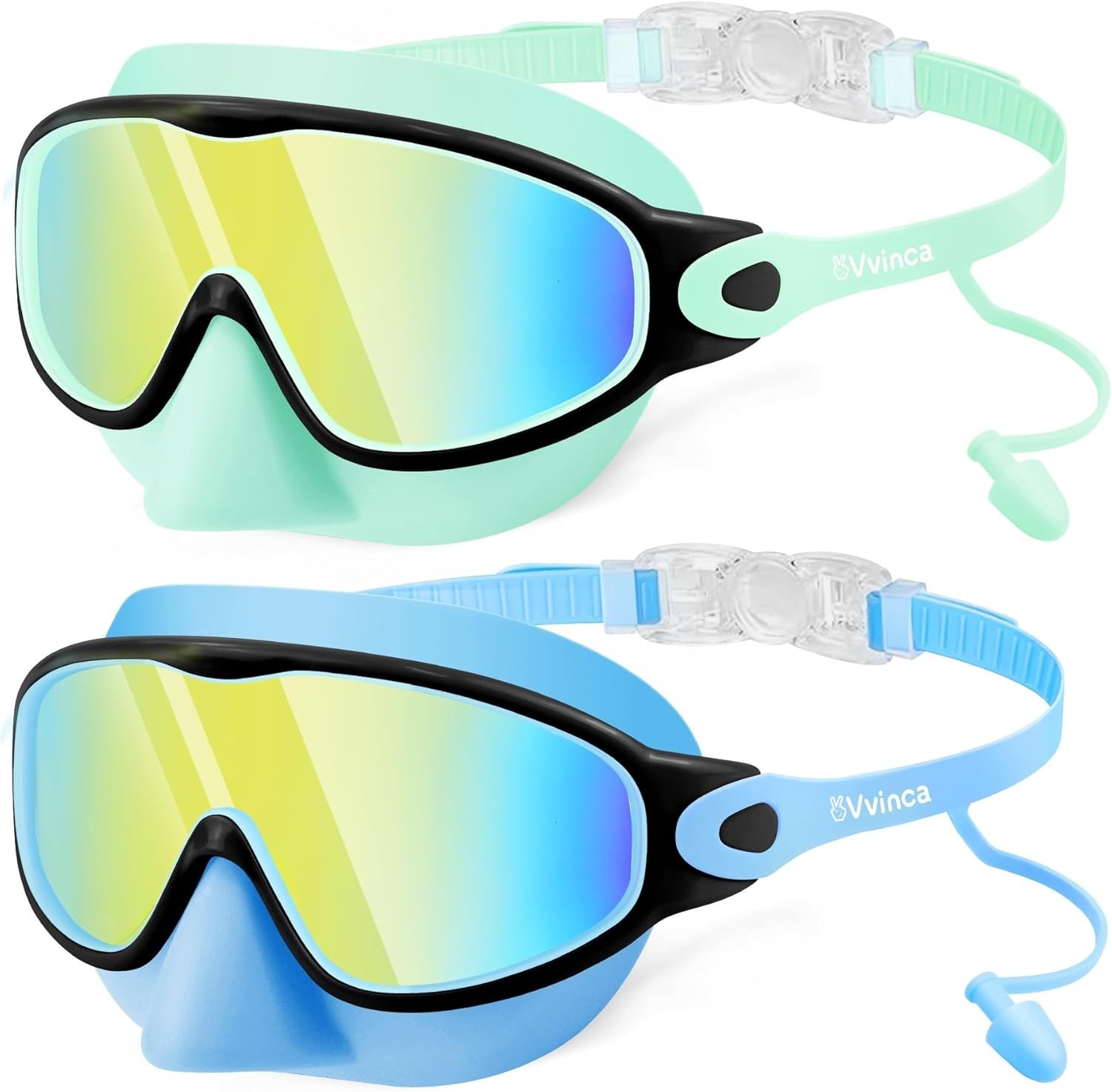 Kids Swim Goggles with Nose Cover & Attached Earplugs, Anti-Fog Wide View Swi…