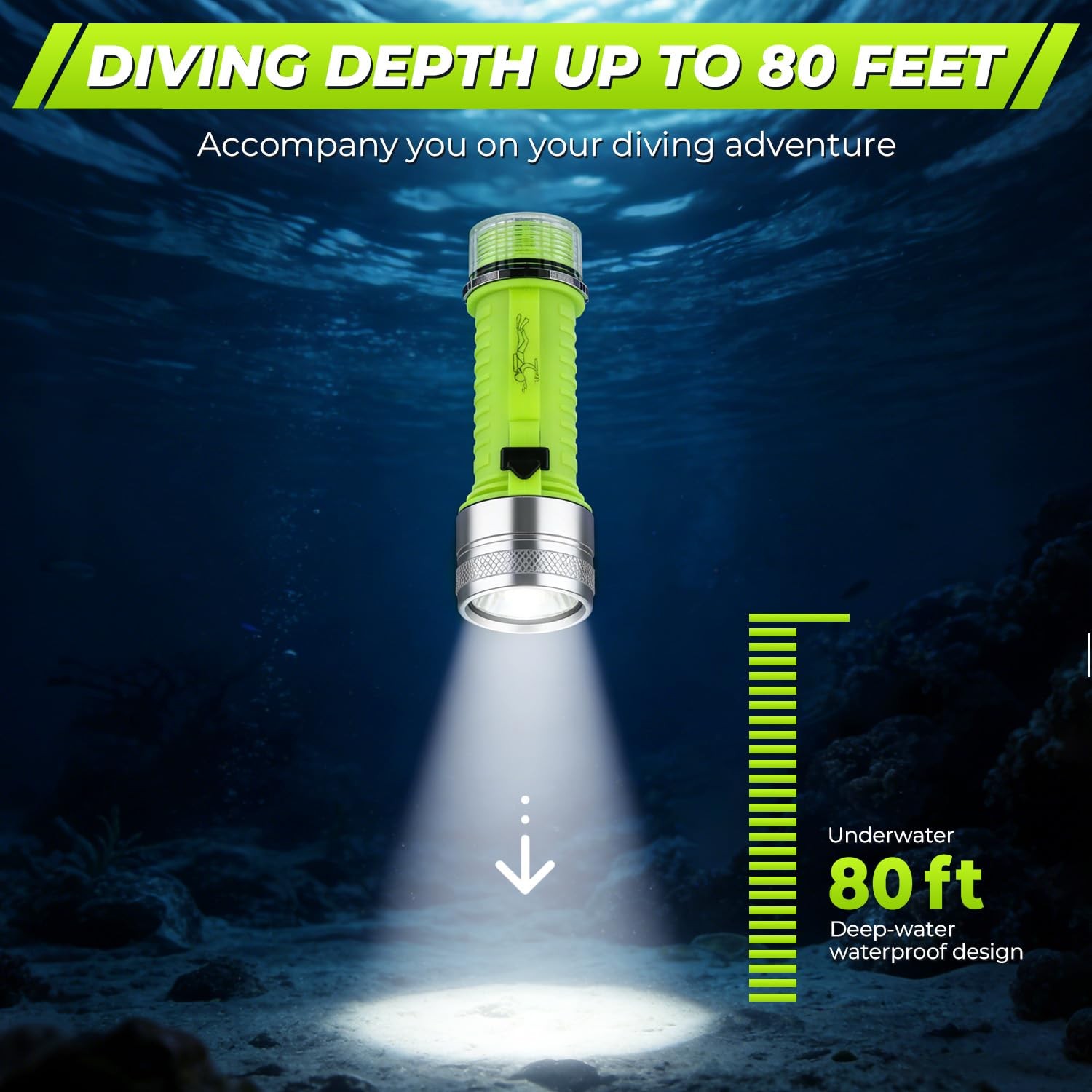 Diving Flashlight 1500 Lumen LED, Waterproof Rechargeable Torch for Night Diving