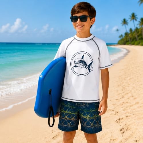 iXtreme Boys Swim Set – 2 Piece Rash Guard Short Sleeve Swim 5 White/Blue Shark