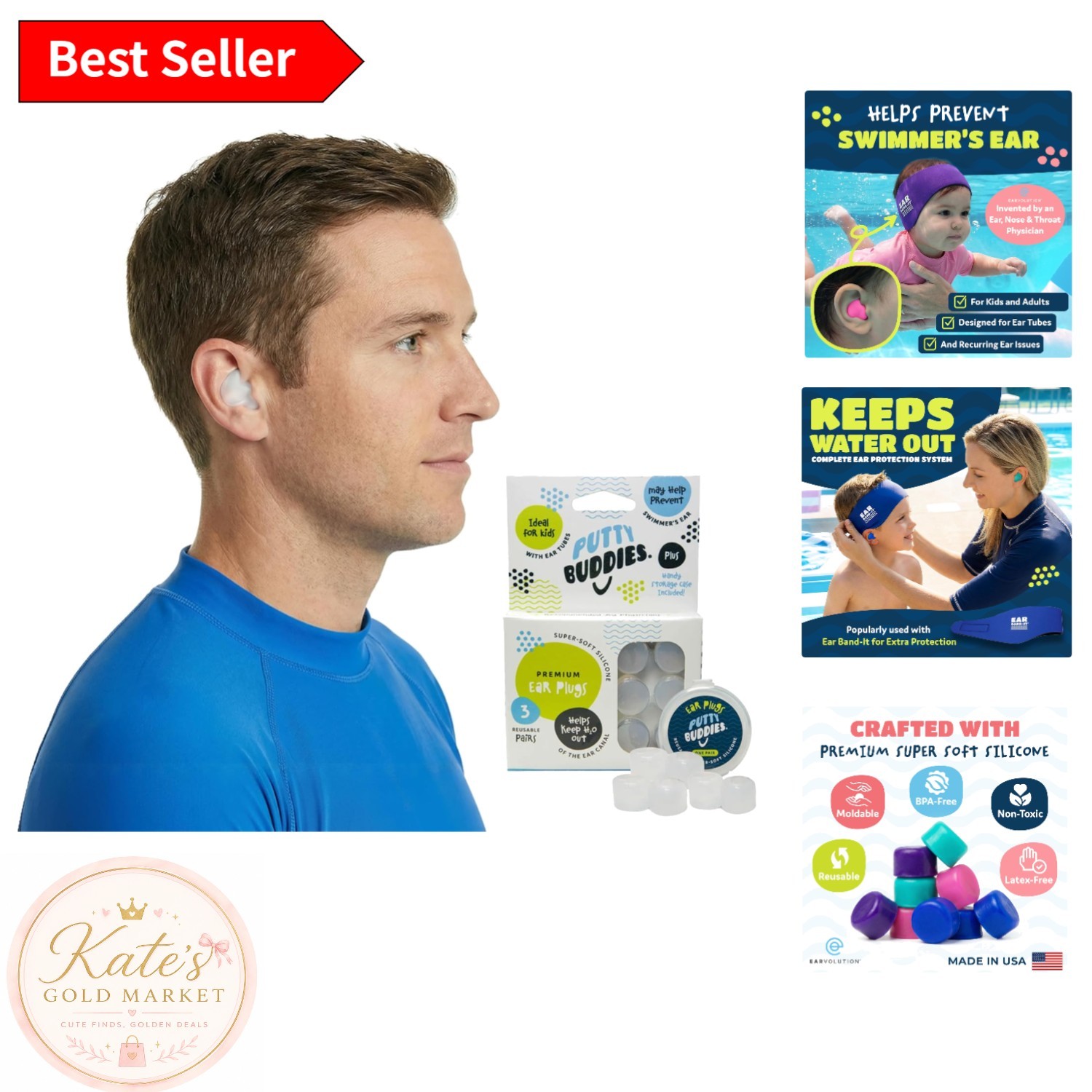 Earvolution Moldable Silicone Ear Plugs for Swimming – 3 Pair Pack – Waterproof