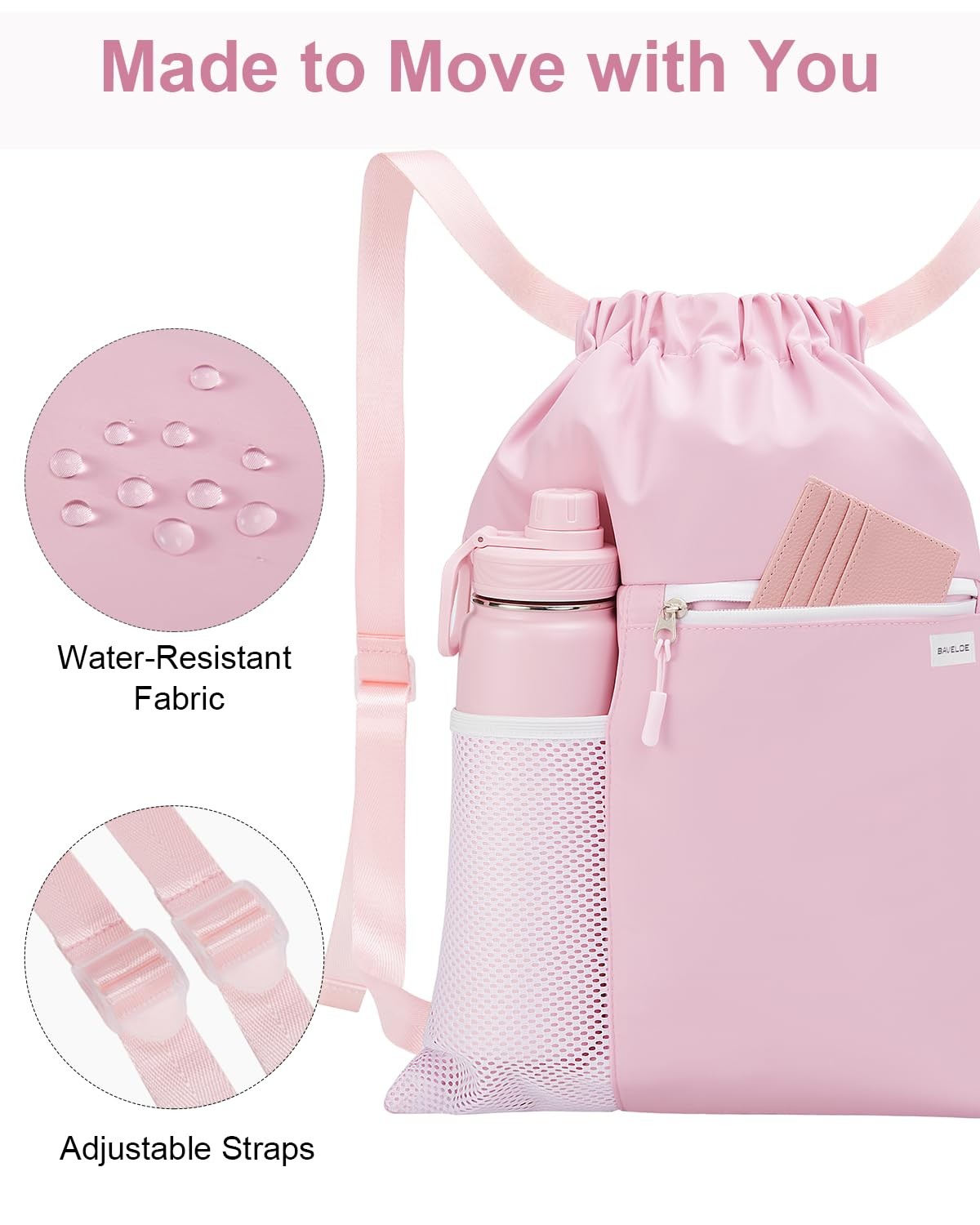 BAVELOE Drawstring Backpack with Mesh Pocket Water Resistant One Size, Pink