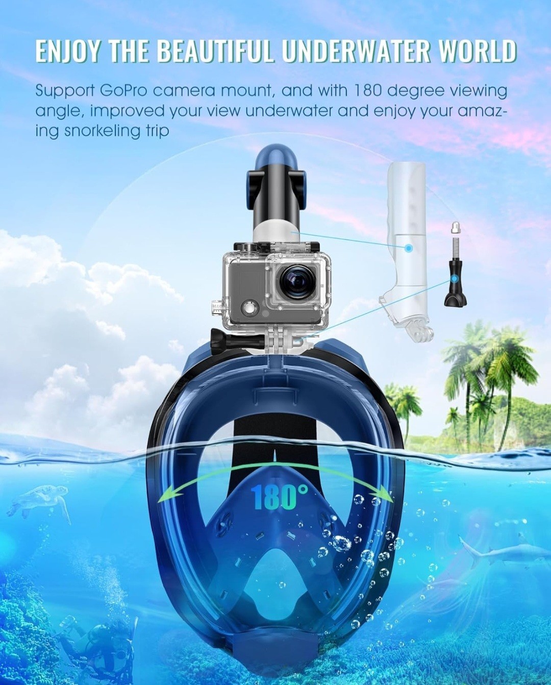 Greatever G2 Full Face Snorkel Mask Latest Dry Top System Foldable L / XL Blue