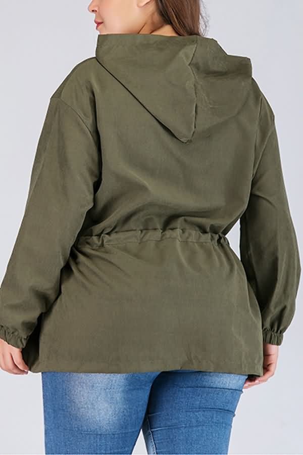 Army-Green Jacket with Zipper Drawstring Hood