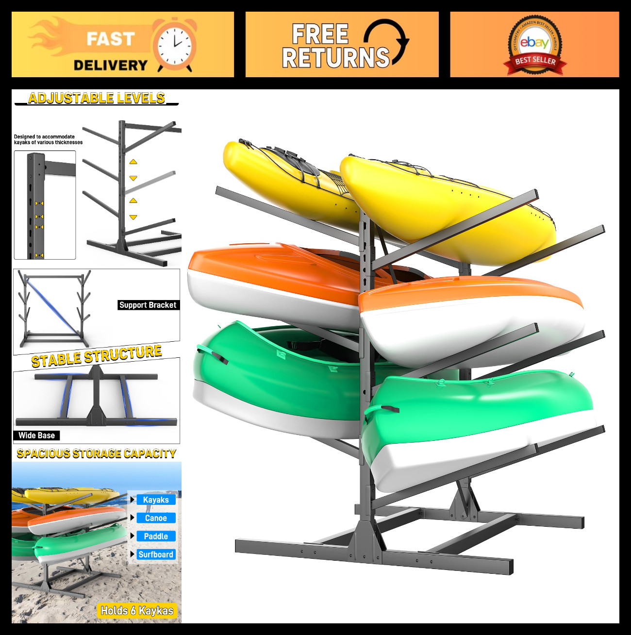 Freestanding Kayak Storage Rack – Adjustable Heavy Duty Stand for Canoe, Surfboa