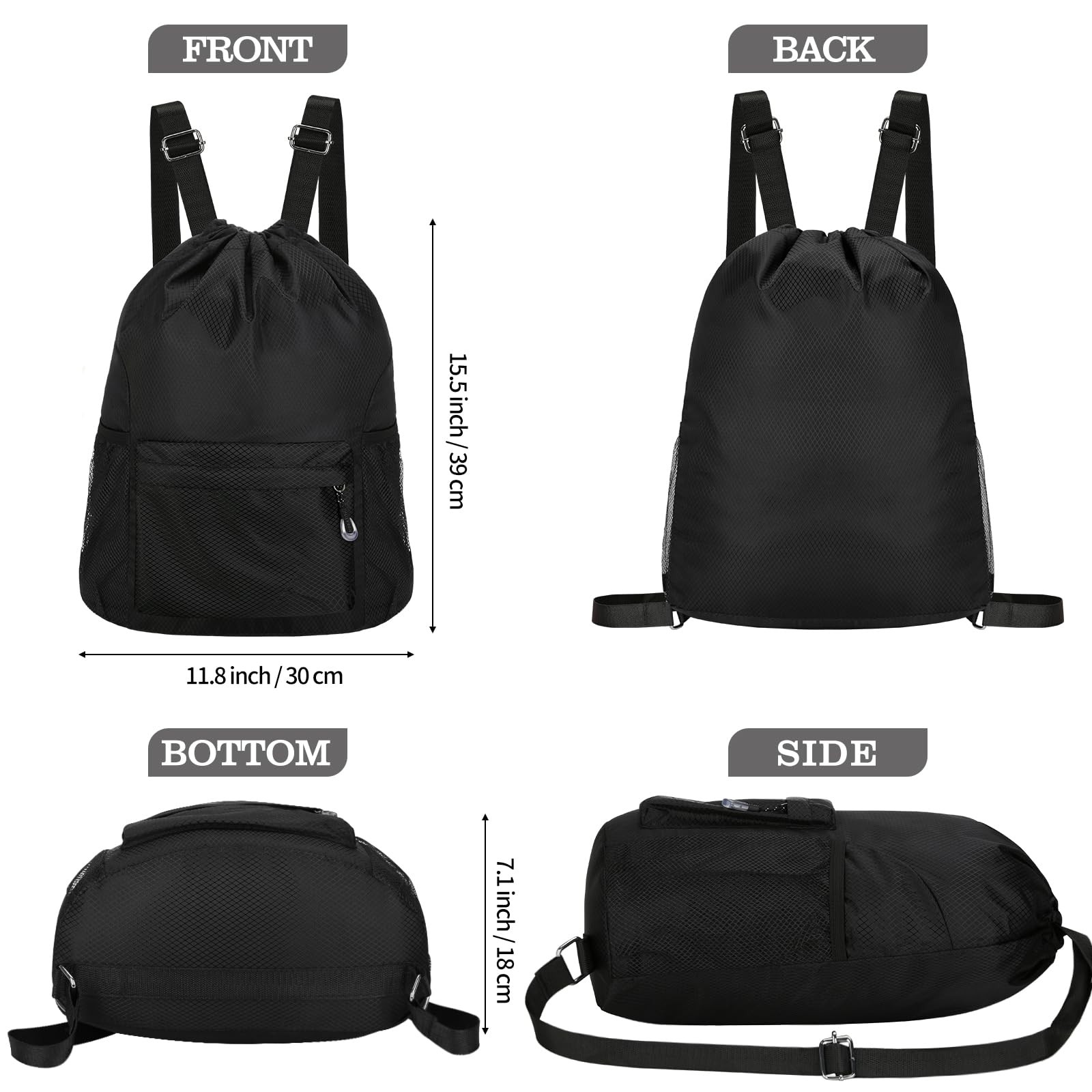 Waterproof Drawstring Bag, Lightweight String Backpack with Large, Black