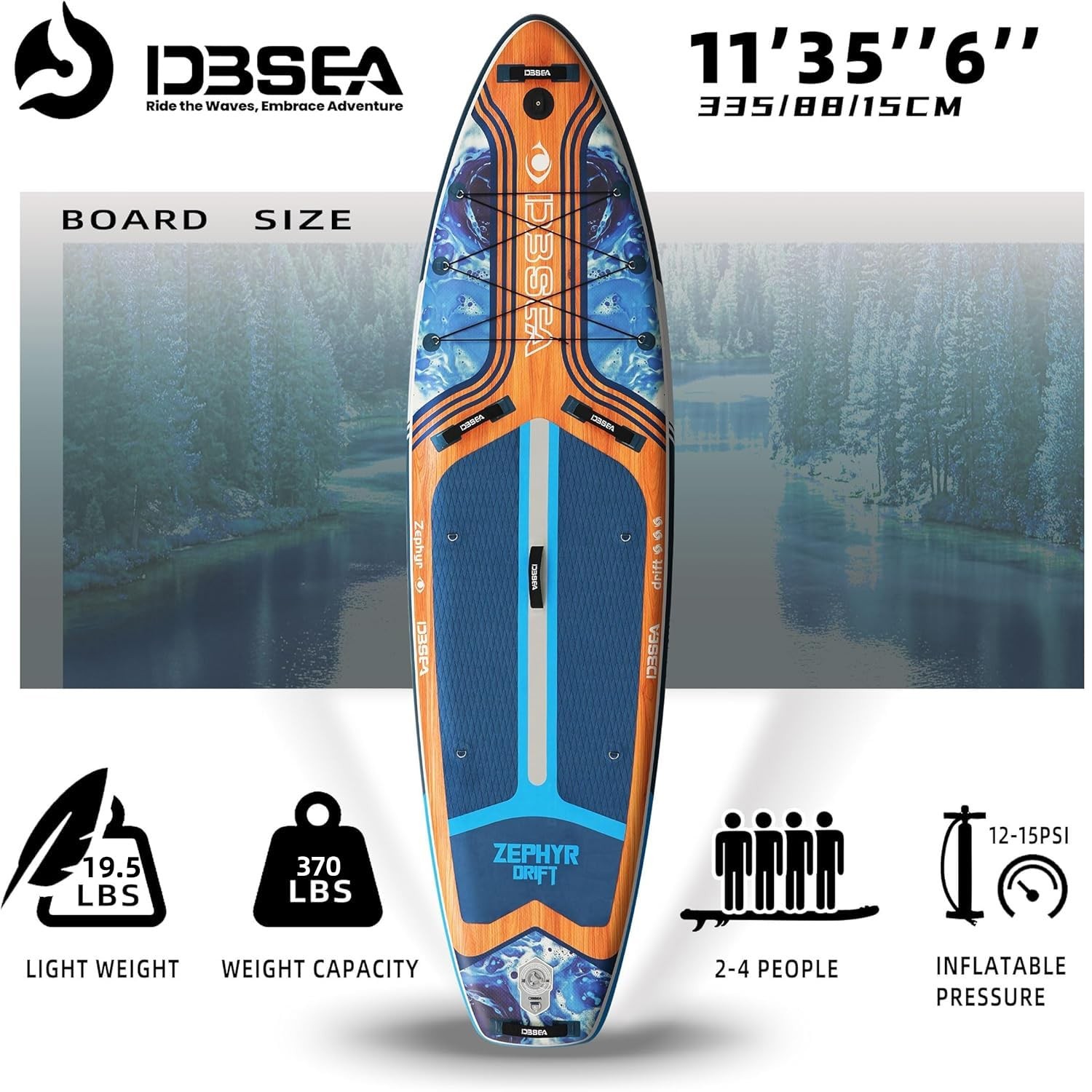 D3SEA 11’35” Extra Wide Inflatable Paddle Board with Non-Slip EVA Deck & Acce…