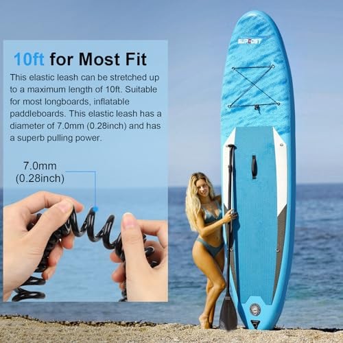 10 ft Surf Board Leash, 5.5mm/Thick Urethane Coiled Paddle Board 7.0mm Black