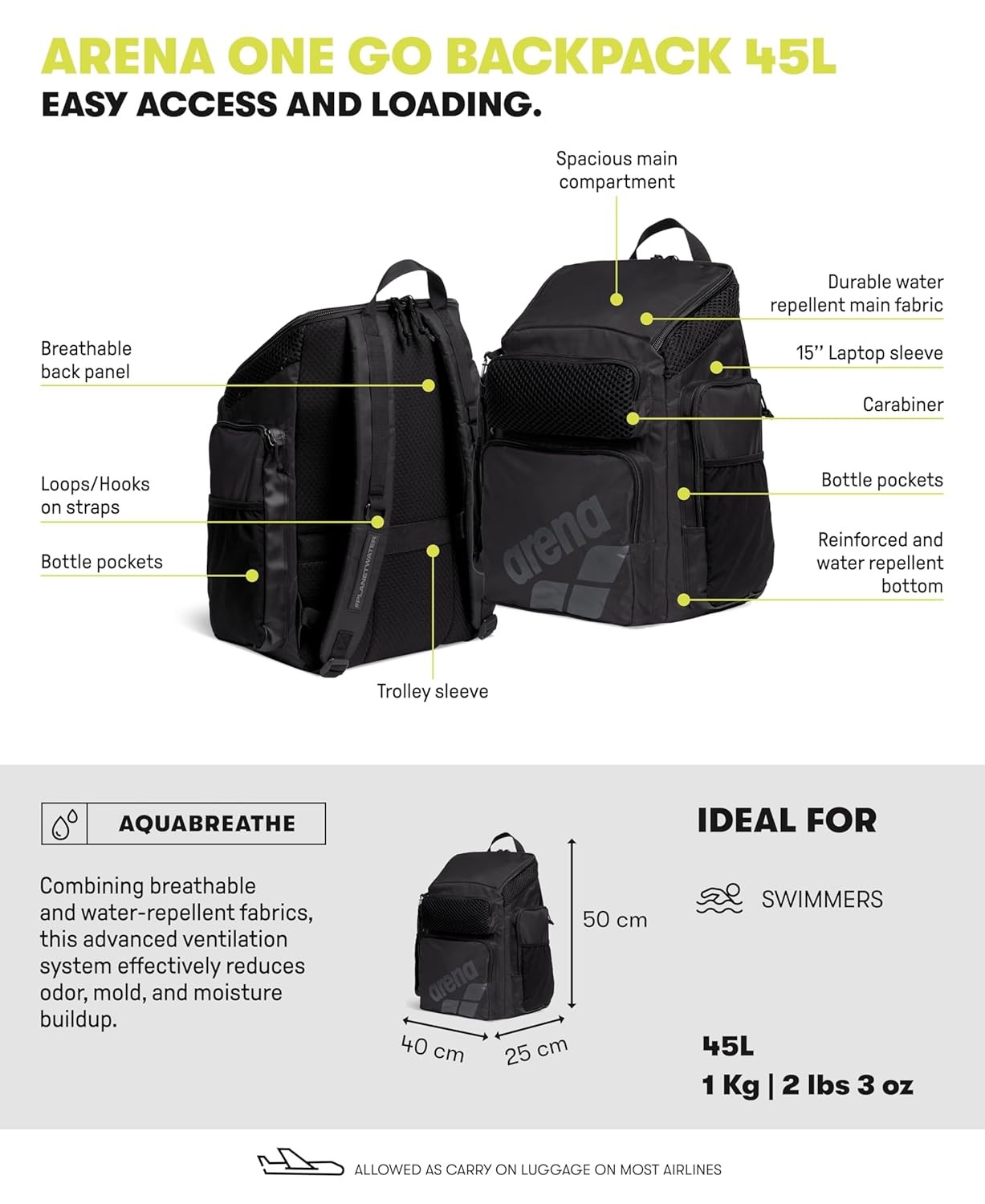Arena One Go Backpack Swim Bag Large Equipment Daypack for Swimmer
