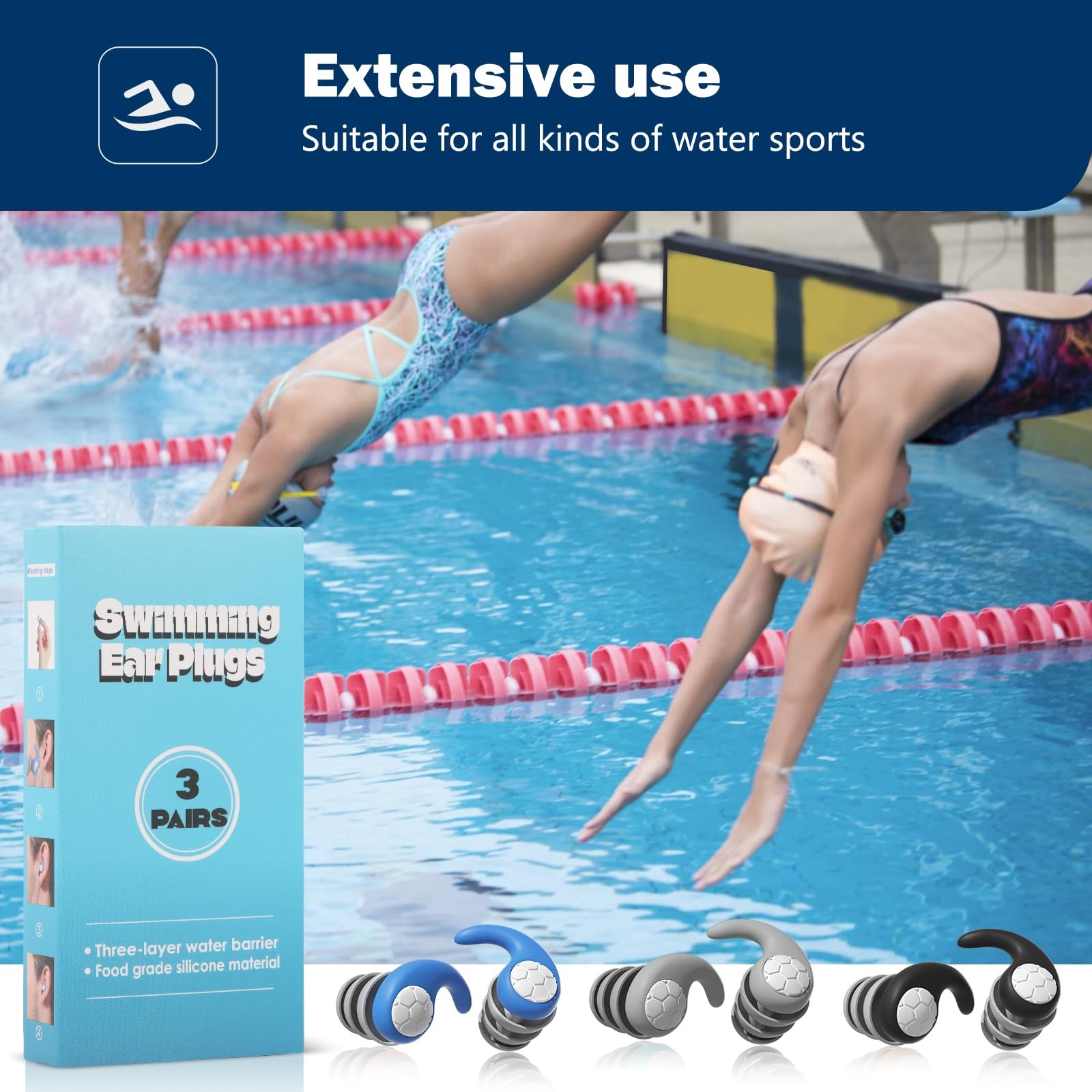 Swimming Ear Plugs for Adults,3 1 Count (Pack of 3), Adults-blue, Black, Grey