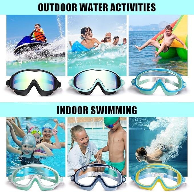 Seago Swim Goggles 2 Pack Anti-Fog Anti-UV Wide View Swimming Goggles for Kids 3