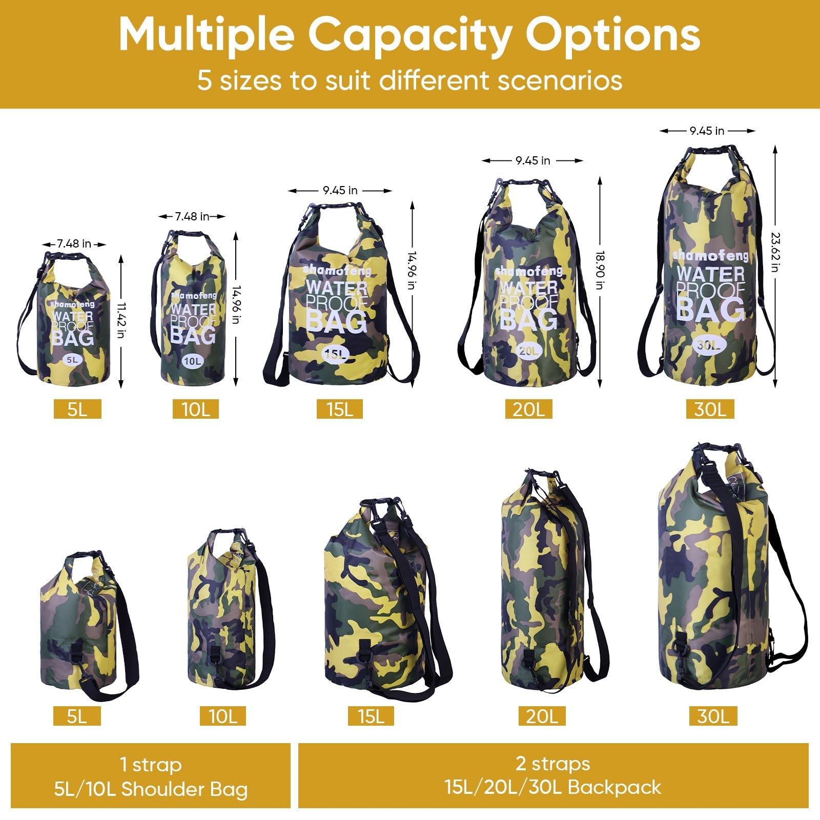 shamofeng Waterproof Dry Bag 5L/10L/15L/20L/30L Roll Top 5L, Yellow