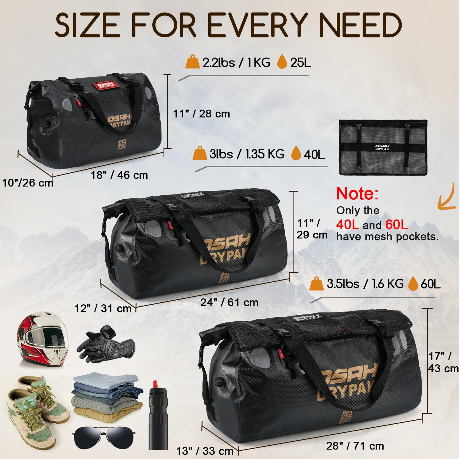 Waterproof Duffel Bag – Motorcycle Dry Tail with 25L, Carbon Fibre