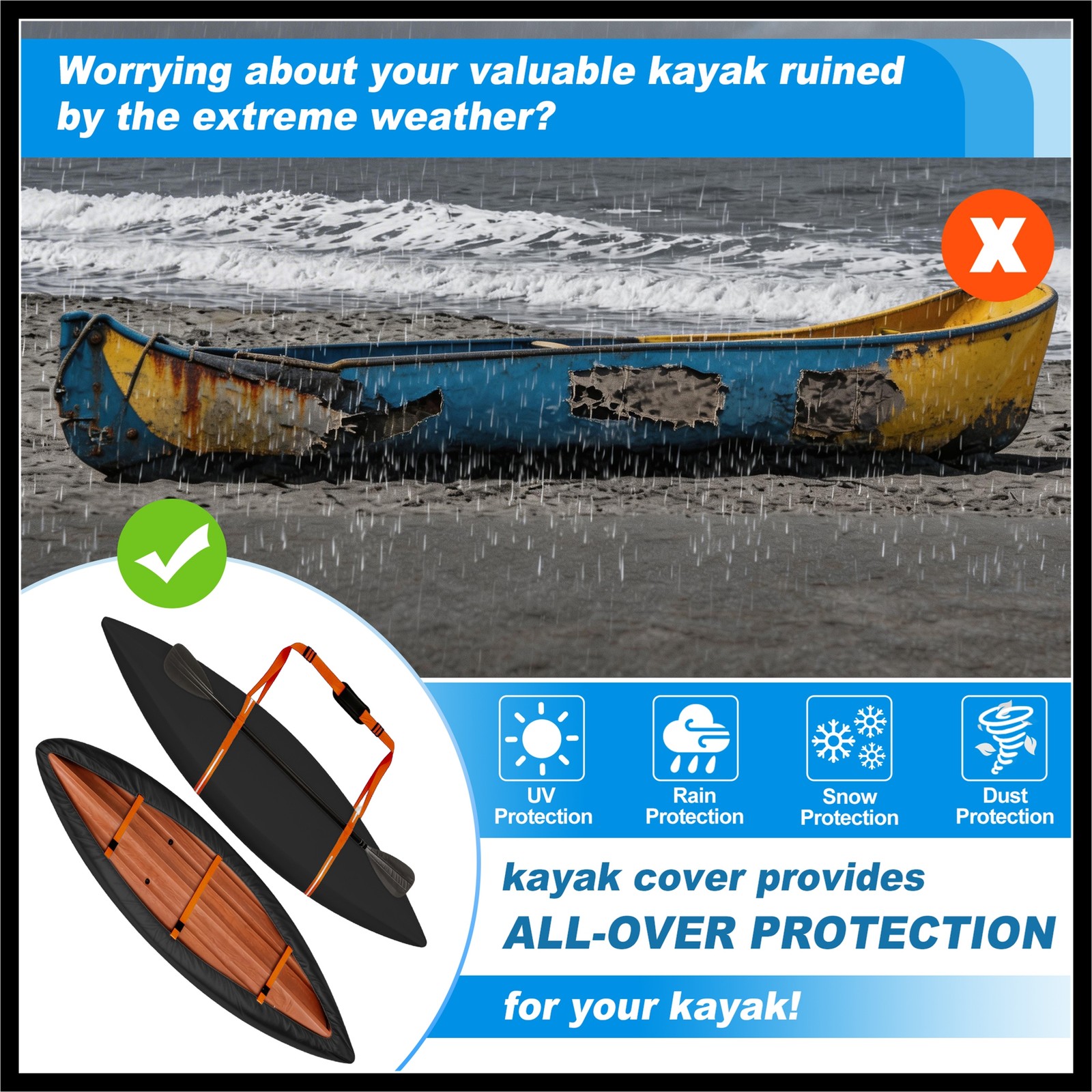 Heavy Duty Kayak Cover Waterproof UV Protection Fit for 10.8ft-12ft Black