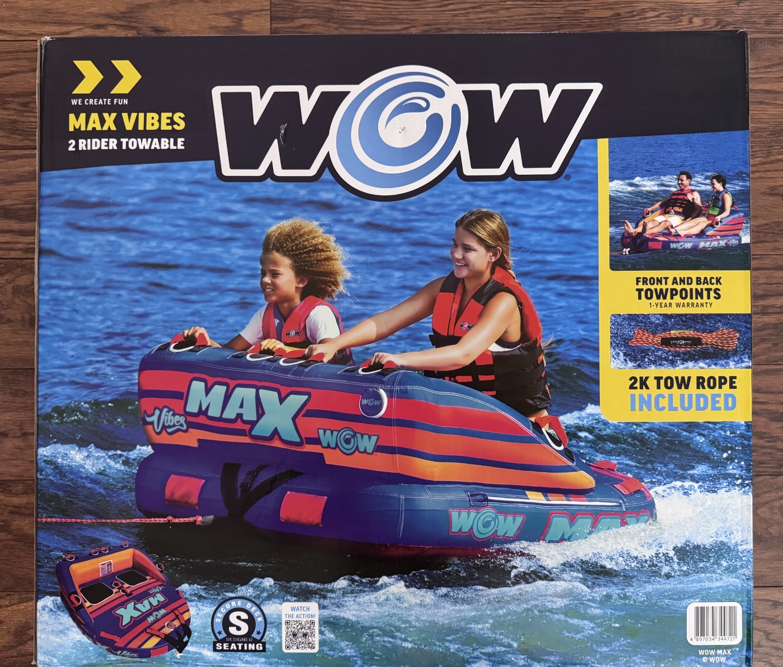 WOW Sports Max Vibes Towable 1-2 Person with Rope Tube Float for Boating