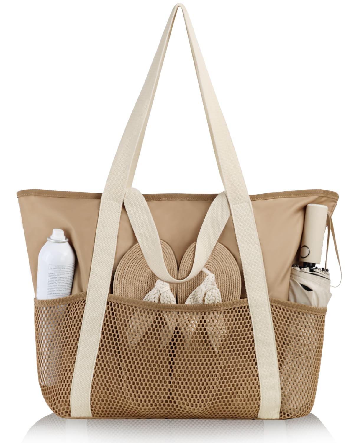 HOMESPON Mesh Beach Bag Sandproof Water Resistant Tote Zipper Medium, Khaki