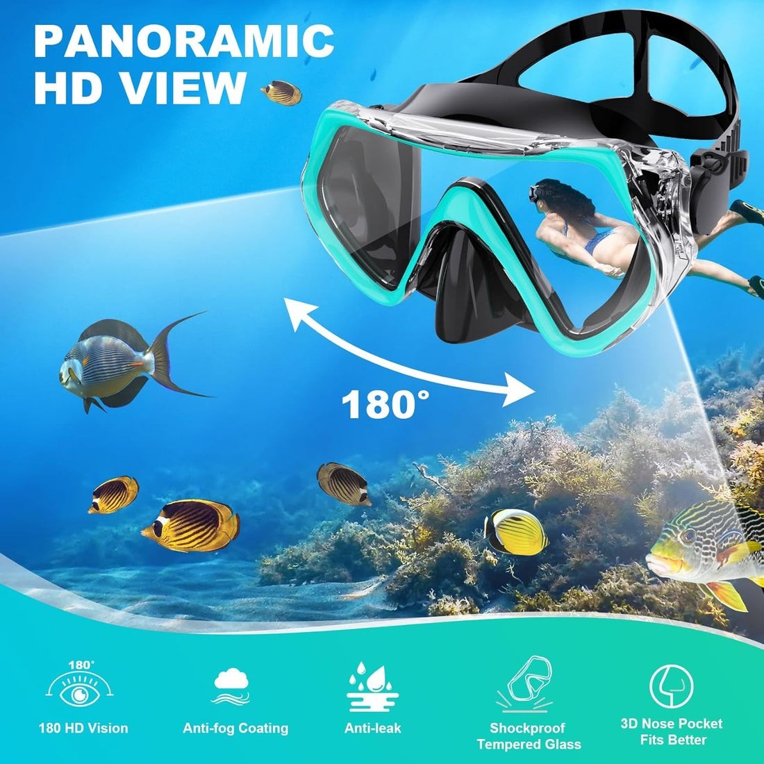 Adult Snorkel Set Mask Anti-Fog Panoramic Tempered Glass Diving Gear