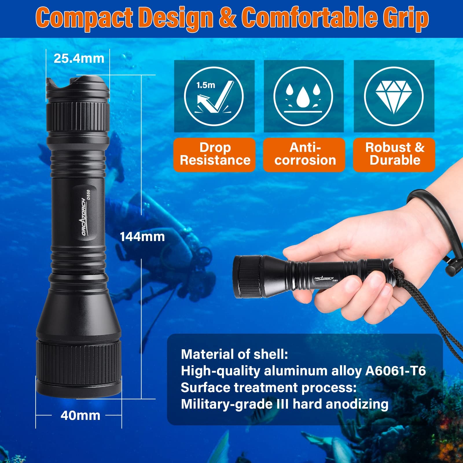 ORCATORCH D550 Scuba Dive Light 1000 Lumens Super Bright Underwater LED Diving F