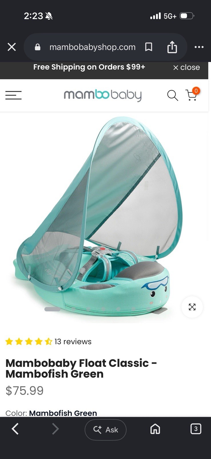 Mambobaby Float Classic Baby Swim Float w/ Canopy Shade, Mambofish Green