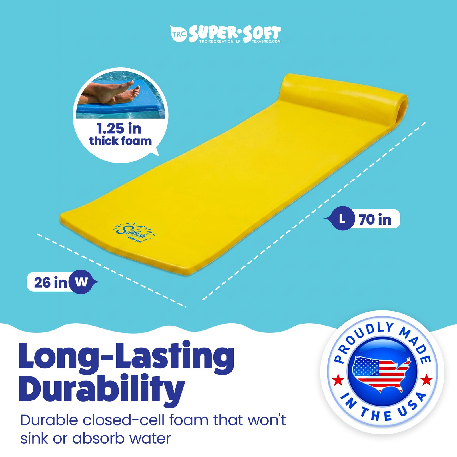 TRC Recreation Splash 70 Inch Foam Raft Lounger Pool Float Mat, Yellow (Used)
