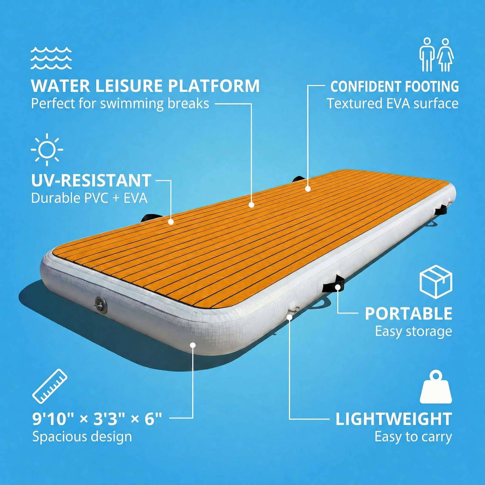 FluxionX Inflatable Dock Platform, 9’10” x 3’3″ x 6″ PVC Floating Water Platform