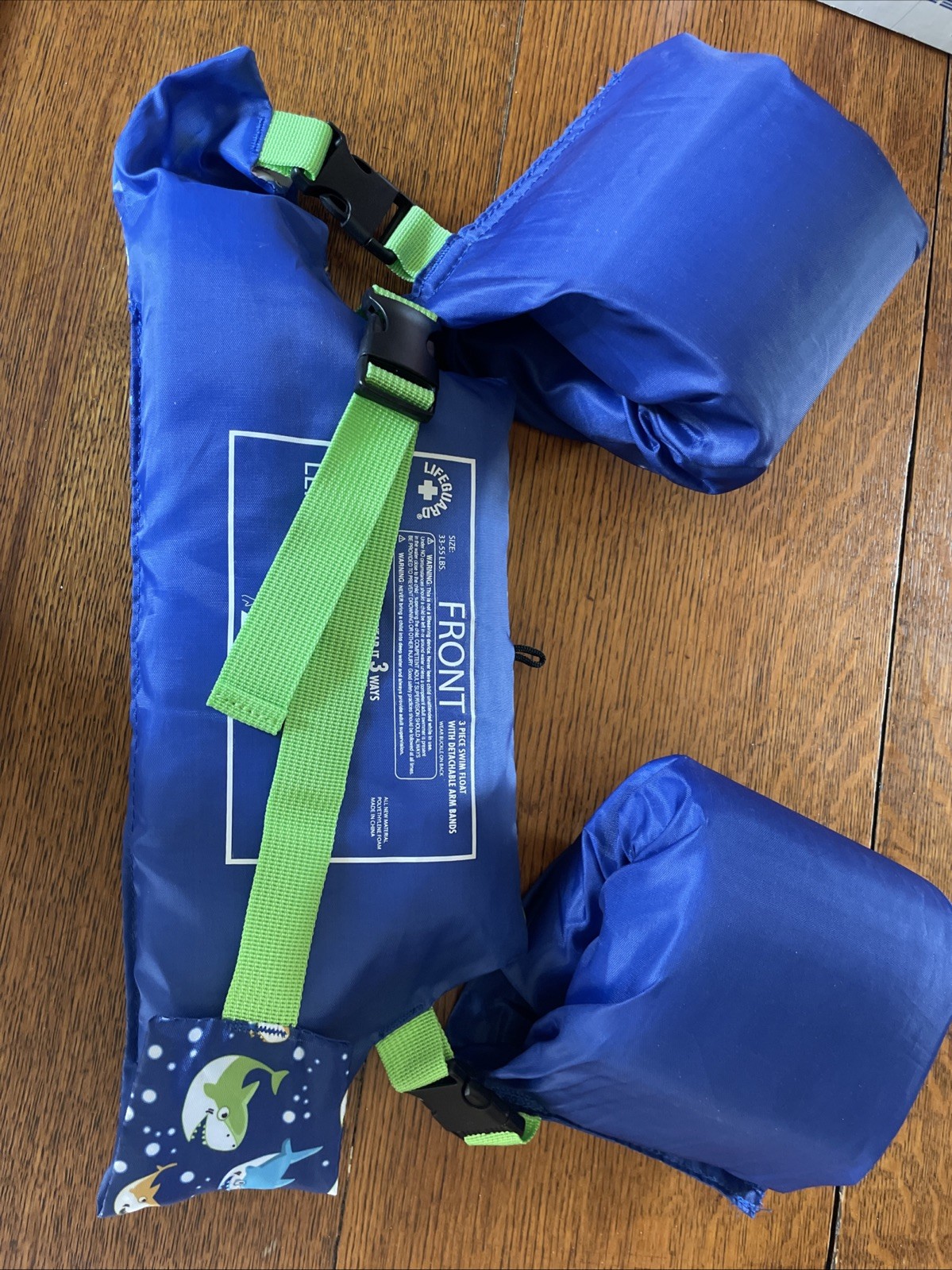 Lifeguard Swim Float w/ Detachable Arm Bands Blue Shark Design Size 35-55 Pounds