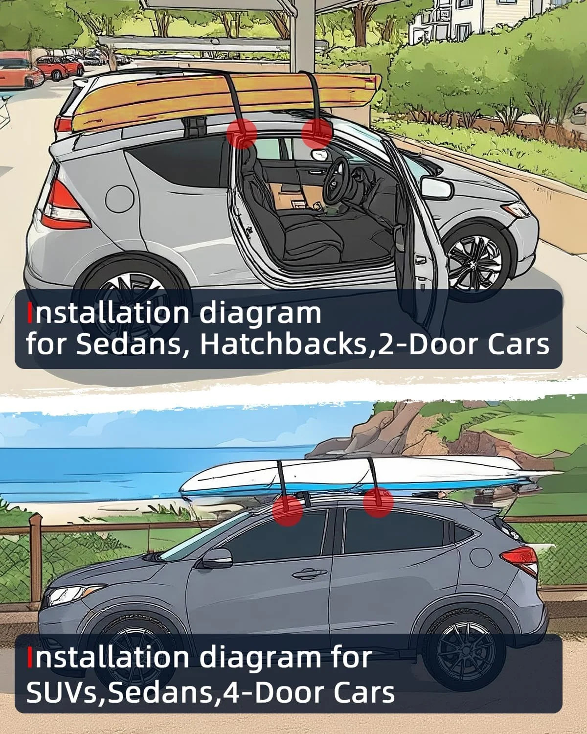Abahub Soft Roof Rack Pads with 2 Tie Down Straps, 2 Tie Down Ropes, 2 Hood Loop