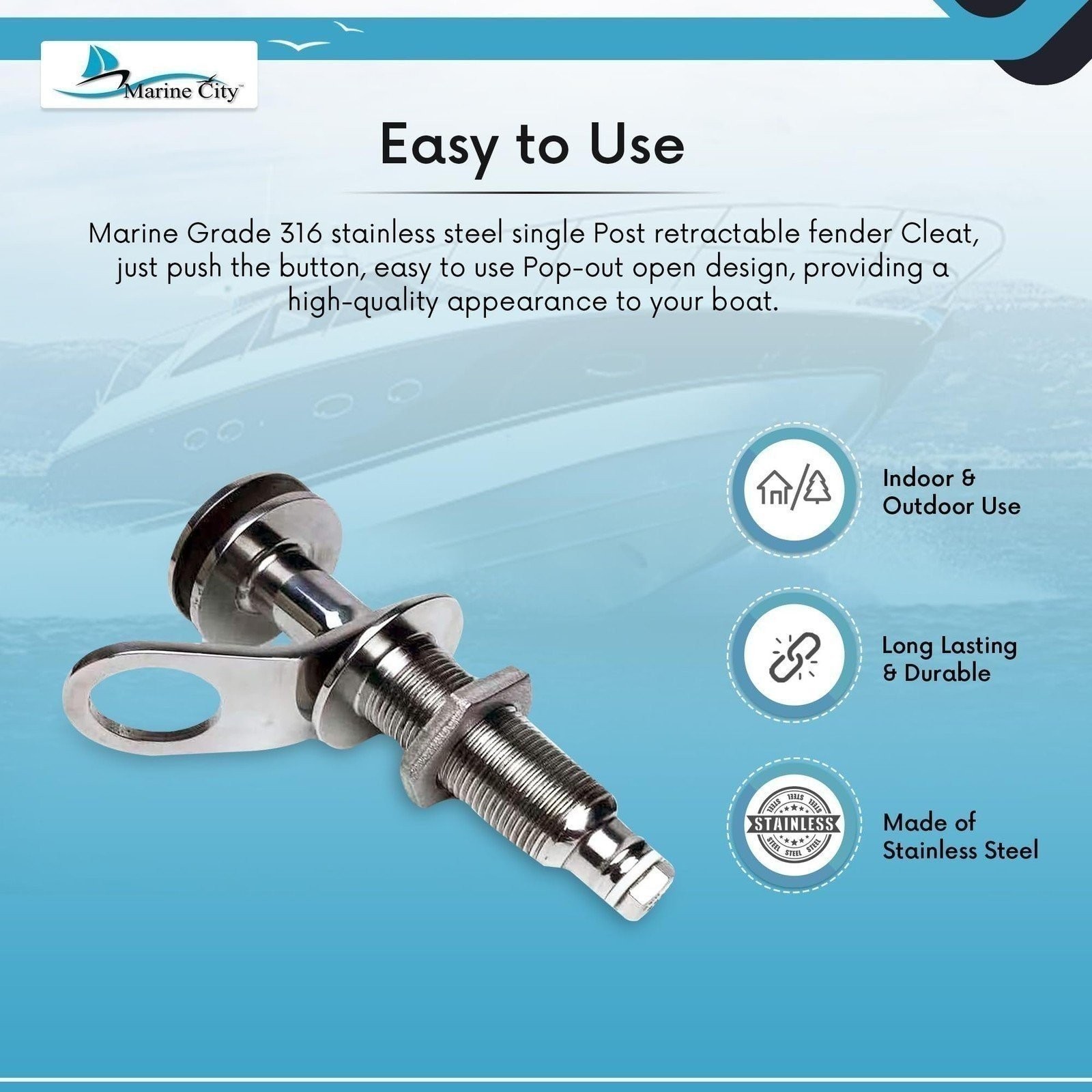 MARINE CITY Retractable Pop-Out Fender Cleat – 316 Stainless Steel for Boat