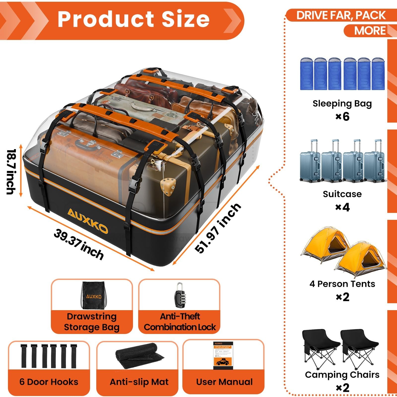 AUXKO 22 Cubic Ft Waterproof Rooftop Cargo Carrier Bag for All Vehicles with/…
