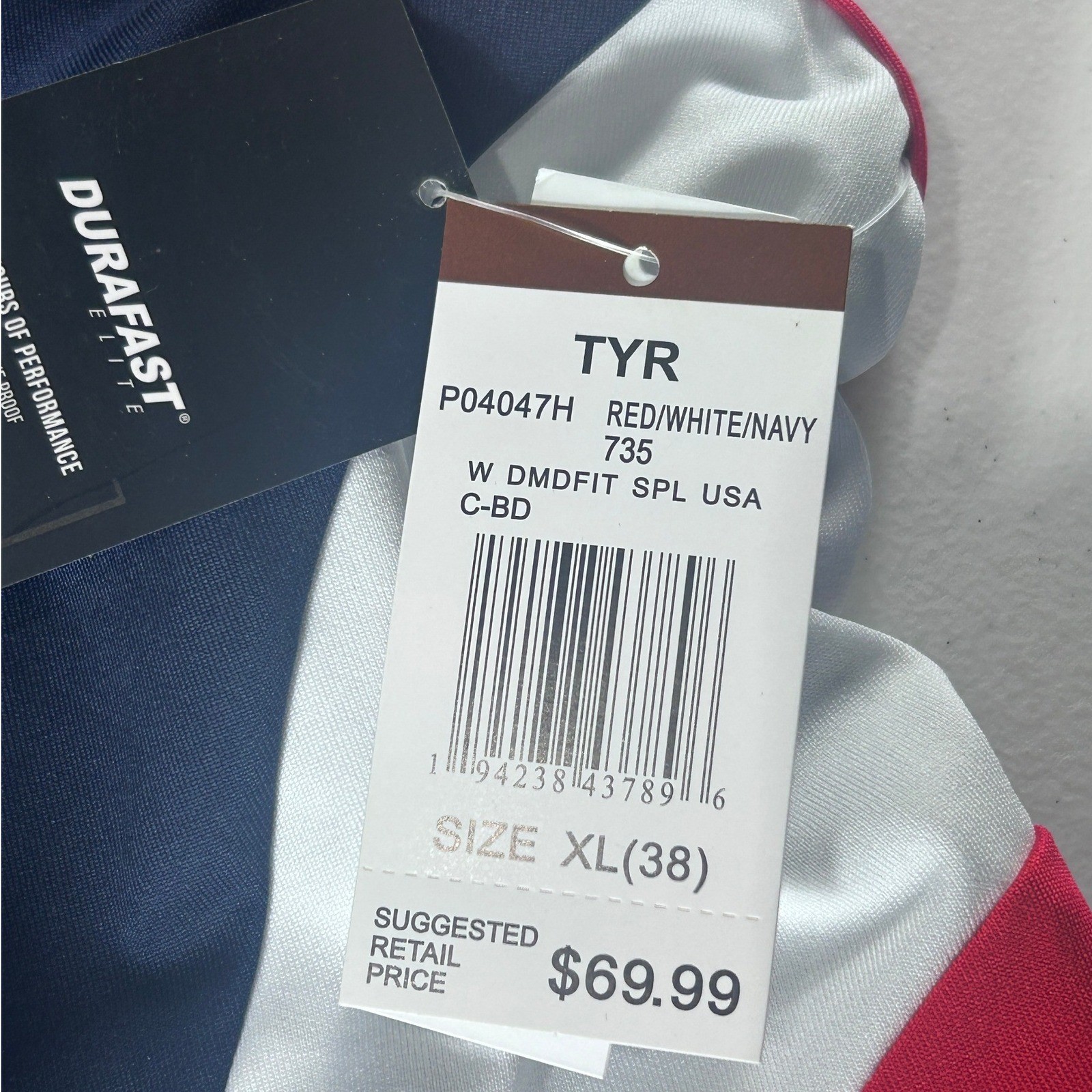 TYR Durafast Elite Diamondfit USA One Piece Swimsuit Navy Red White XL 38 NWT