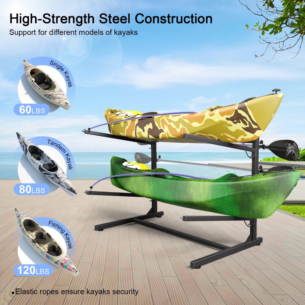Kayak Storage Rack, Indoor & Outdoor Freestanding Adjustable for 2Kayak Canoe